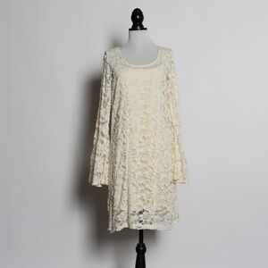 Fairycore Boho Baciano by Bacci Crème White Floral Lace Bell Sleeve Dress XL NWT